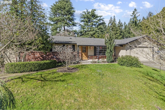 single story home featuring covered porch, concrete driveway, a front yard, an attached garage, and brick siding