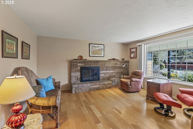 living area featuring a fireplace and wood finished floors