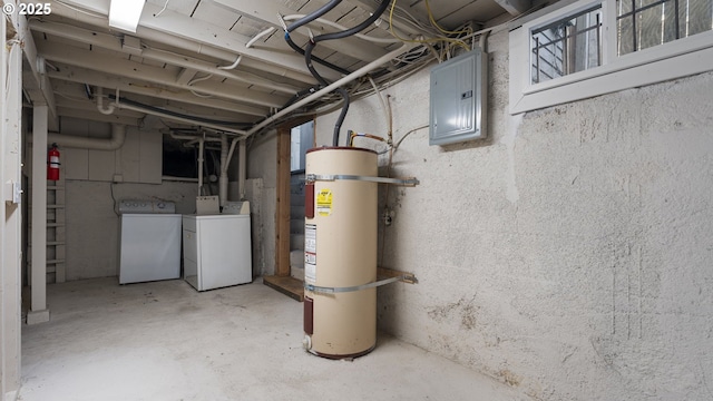 below grade area with washing machine and clothes dryer, electric panel, and secured water heater