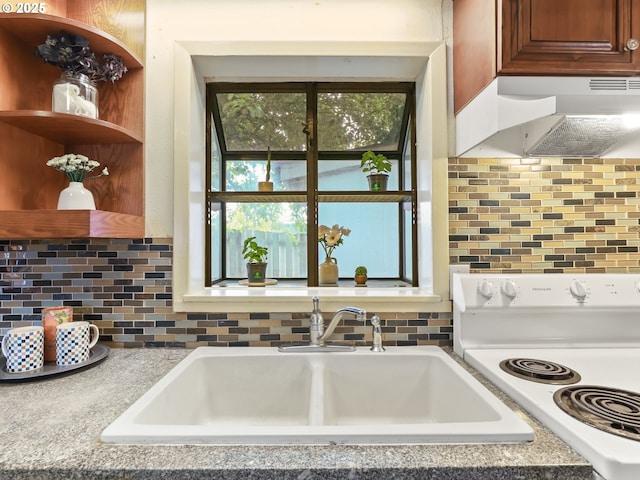 kitchen with open shelves, a sink, decorative backsplash, under cabinet range hood, and white electric stove