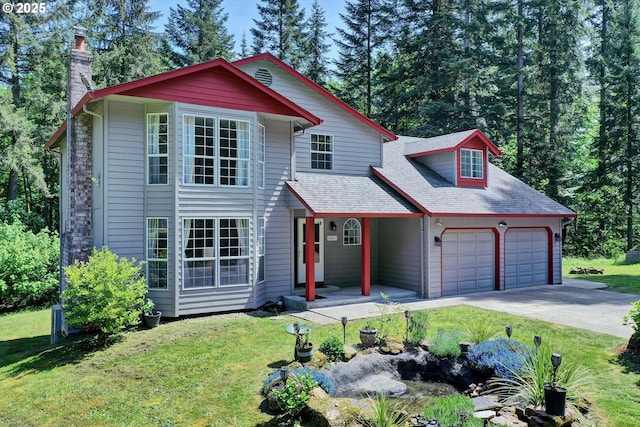 14011 NE 346th St, Battle Ground, WA 98604 - traditional-style home with a garage, a chimney, a front lawn, and concrete driveway