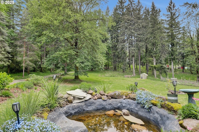 14011 NE 346th St, Battle Ground, WA 98604 - view of yard with an outdoor structure, a small pond, and a storage unit