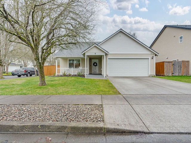 ranch-style house featuring a garage, covered porch, and a front lawn