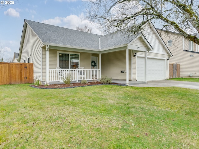 single story home with a garage, a front lawn, and a porch