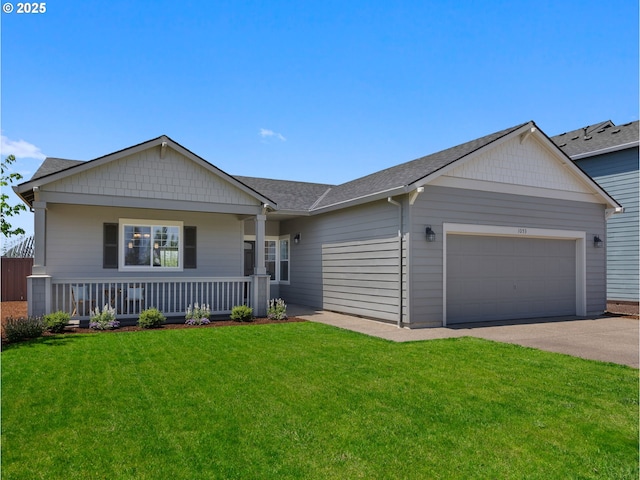 1053 Winfield St NE, Gervais, OR 97026 - view of front of house with an attached garage, a shingled roof, a porch, a front lawn, and driveway