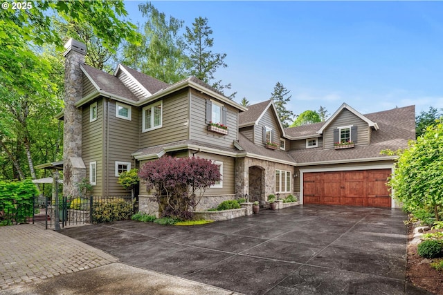 view of front of home with a shingled roof, concrete driveway, stone siding, a chimney, and fence