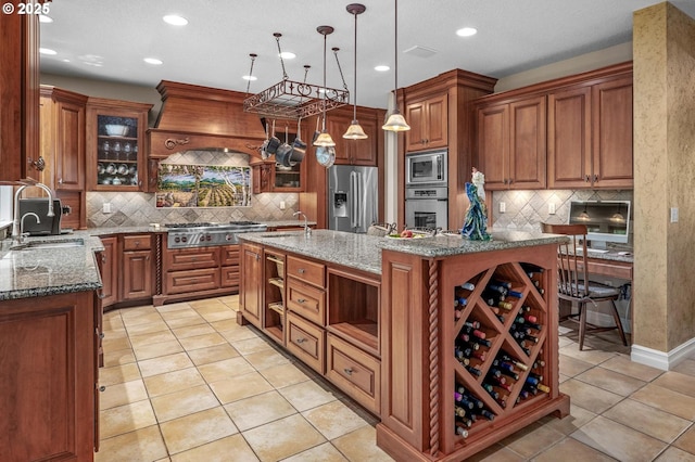 kitchen with open shelves, appliances with stainless steel finishes, a sink, decorative backsplash, and recessed lighting