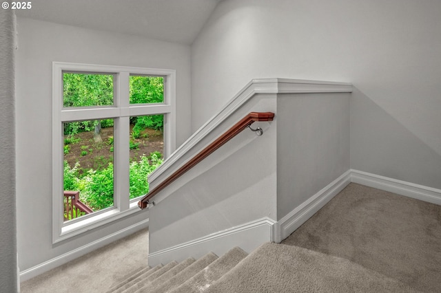 stairway with healthy amount of natural light, carpet flooring, and baseboards
