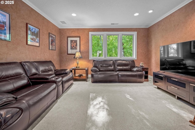 living area with carpet floors, ornamental molding, baseboards, and recessed lighting