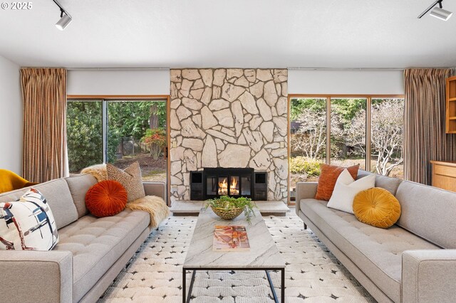 living area with a stone fireplace