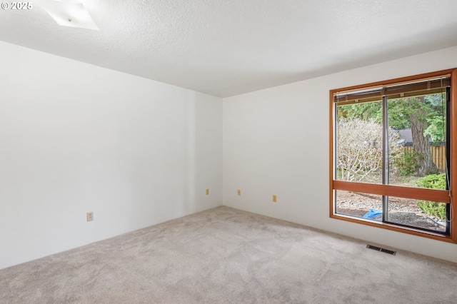 spare room featuring visible vents, carpet flooring, and a textured ceiling