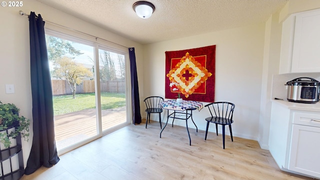 dining space featuring baseboards, a textured ceiling, and light wood-style flooring