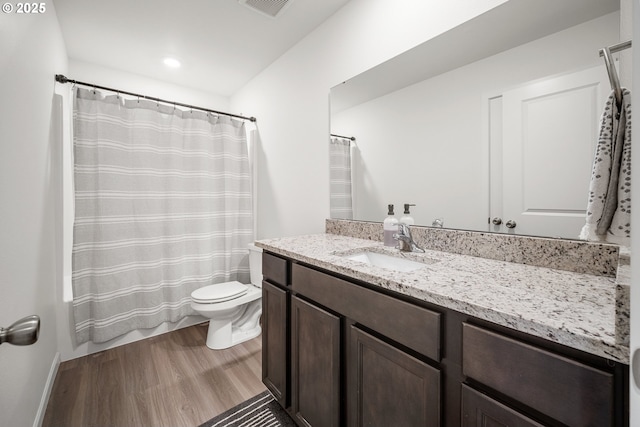 3563 SE Richey Rd, Gresham, OR 97080 - bathroom featuring vanity, wood finished floors, toilet, a shower with shower curtain, and recessed lighting