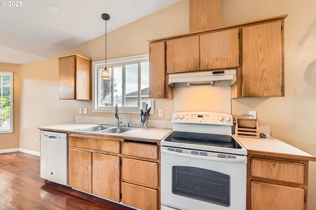 15619 NE Hickory St, Vancouver, WA 98682 - kitchen with white appliances, under cabinet range hood, vaulted ceiling, dark wood-style floors, and light countertops