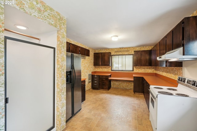 28040 SE Stark St, Troutdale, OR 97060 - kitchen with white electric stove, stainless steel fridge with ice dispenser, under cabinet range hood, and dark brown cabinetry