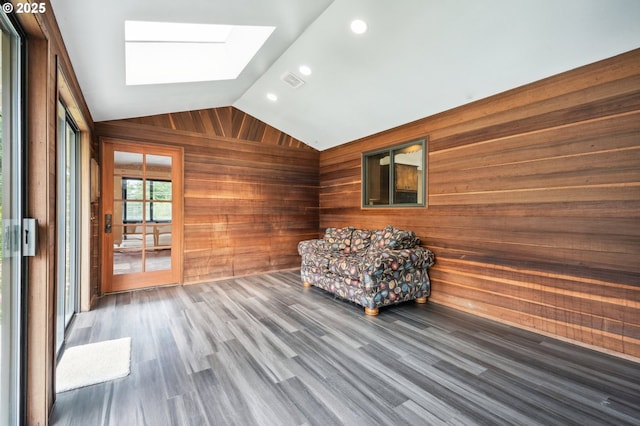 28040 SE Stark St, Troutdale, OR 97060 - living area with a skylight, wooden walls, lofted ceiling, wood finished floors, and recessed lighting
