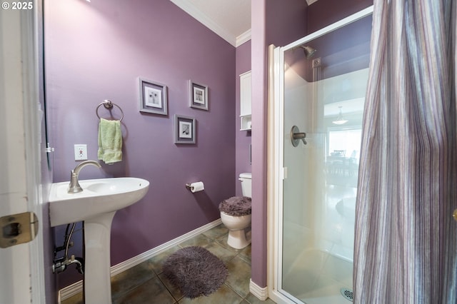 16420 SW Sienna Ln, Beaverton, OR 97007 - full bathroom featuring a shower stall, crown molding, and tile patterned flooring