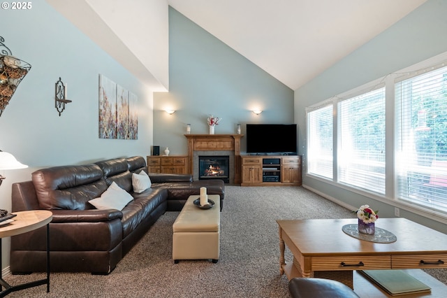 16420 SW Sienna Ln, Beaverton, OR 97007 - carpeted living area with a glass covered fireplace and high vaulted ceiling
