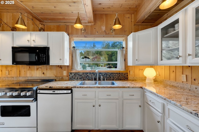 53461 Safe Rd, Bandon, OR 97411 - kitchen with wooden walls, wood ceiling, a sink, and white appliances