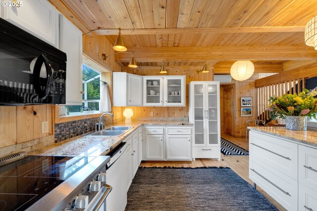 53461 Safe Rd, Bandon, OR 97411 - kitchen featuring a sink, stainless steel electric range, light wood-style floors, wood ceiling, and black microwave