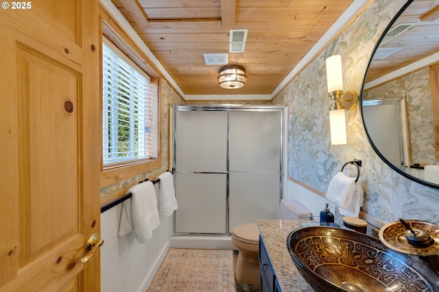 53461 Safe Rd, Bandon, OR 97411 - full bathroom featuring visible vents, wallpapered walls, a shower stall, wood ceiling, and vanity