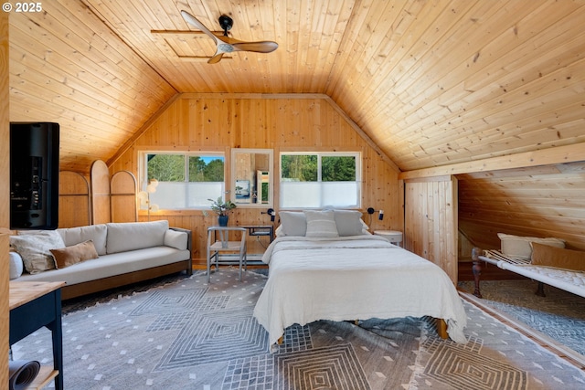 53461 Safe Rd, Bandon, OR 97411 - bedroom featuring a baseboard radiator, vaulted ceiling, a ceiling fan, wooden ceiling, and wood walls