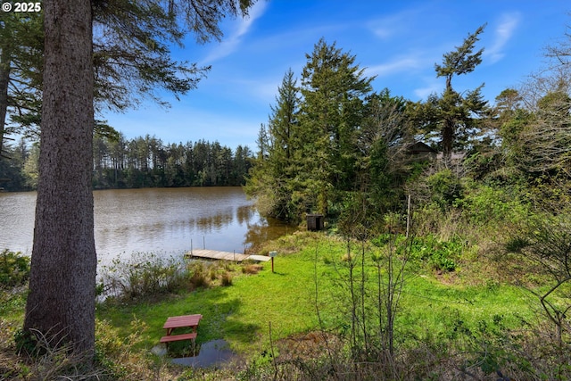 53461 Safe Rd, Bandon, OR 97411 - water view featuring a floating dock and a forest view