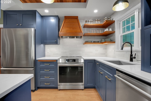 21482 SW 92nd Ct, Tualatin, OR 97062 - kitchen featuring appliances with stainless steel finishes, blue cabinetry, a sink, light countertops, and recessed lighting