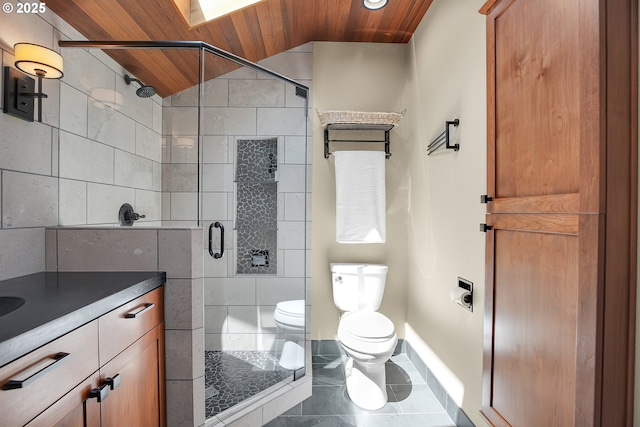 21482 SW 92nd Ct, Tualatin, OR 97062 - full bath featuring wood ceiling, vaulted ceiling, toilet, a stall shower, and vanity