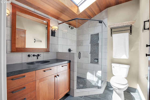 21482 SW 92nd Ct, Tualatin, OR 97062 - full bath with vaulted ceiling, toilet, wooden ceiling, vanity, and a skylight