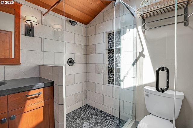 21482 SW 92nd Ct, Tualatin, OR 97062 - bathroom featuring lofted ceiling, toilet, a shower stall, vanity, and wooden ceiling