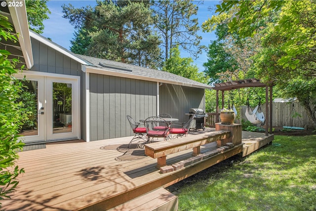 21482 SW 92nd Ct, Tualatin, OR 97062 - wooden terrace featuring french doors, a grill, and outdoor dining area