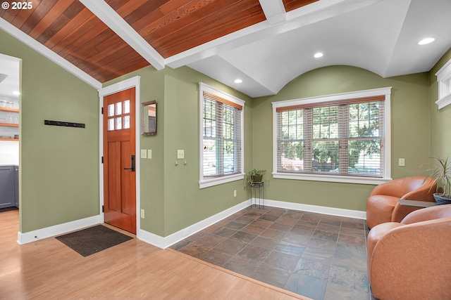21482 SW 92nd Ct, Tualatin, OR 97062 - entrance foyer featuring baseboards, healthy amount of natural light, recessed lighting, stone tile flooring, and wooden ceiling