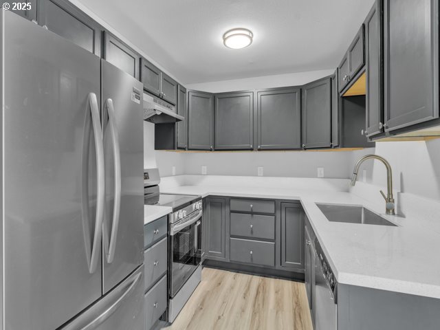 9257 SE Clinton St, Portland, OR 97266 - kitchen featuring stainless steel appliances, a sink, under cabinet range hood, light wood-type flooring, and gray cabinetry