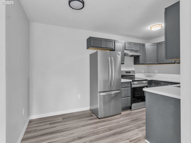 9257 SE Clinton St, Portland, OR 97266 - kitchen with appliances with stainless steel finishes, under cabinet range hood, light wood-type flooring, light countertops, and gray cabinetry
