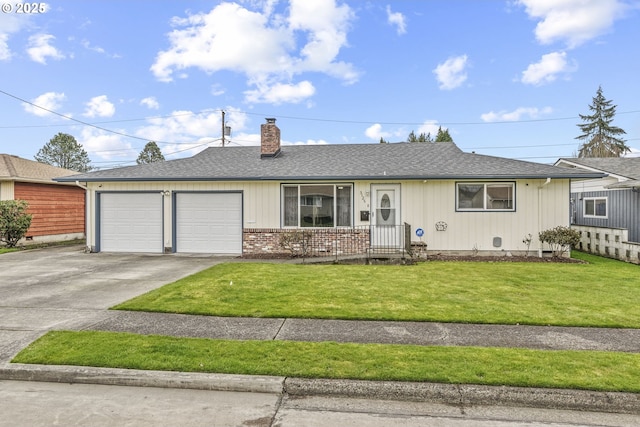 ranch-style home with an attached garage, a shingled roof, a chimney, and concrete driveway