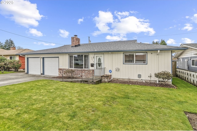 ranch-style house with an attached garage, driveway, a chimney, and a front lawn