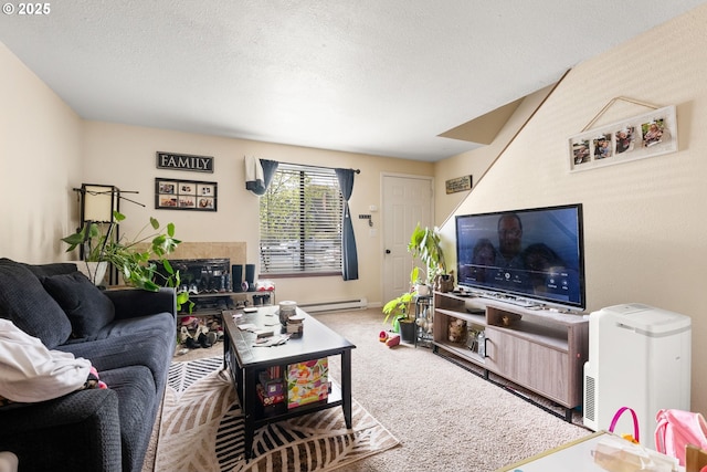 carpeted living room featuring a glass covered fireplace, a textured ceiling, and a baseboard radiator