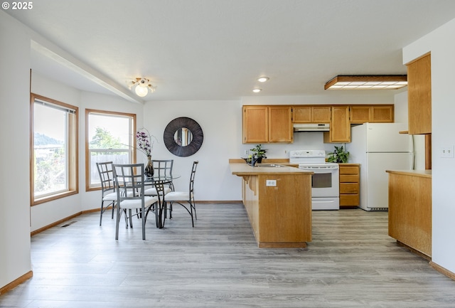 7324 B St, Springfield, OR 97478 - kitchen with white appliances, a peninsula, under cabinet range hood, recessed lighting, and light countertops