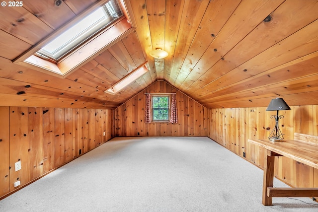 912 Van Buren St, Eugene, OR 97402 - bonus room with a skylight, carpet flooring, lofted ceiling, wooden walls, and wooden ceiling