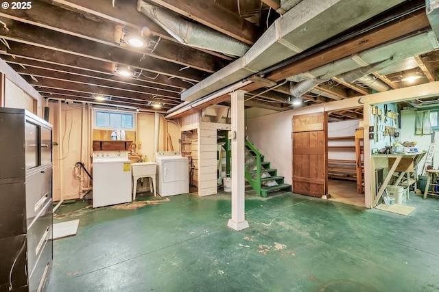 912 Van Buren St, Eugene, OR 97402 - basement featuring washing machine and dryer, stairs, a workshop area, and a sink