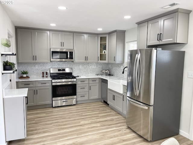 2660 Evergreen Ct, Salem, OR 97301 - kitchen featuring stainless steel appliances, gray cabinetry, a sink, light wood-type flooring, and tasteful backsplash