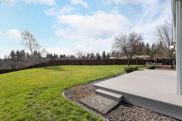 view of yard with a fenced backyard and a wooden deck