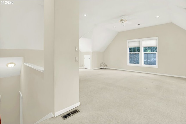 bonus room with lofted ceiling, baseboards, carpet, recessed lighting, and ceiling fan