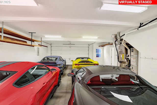 garage with electric panel and heating unit