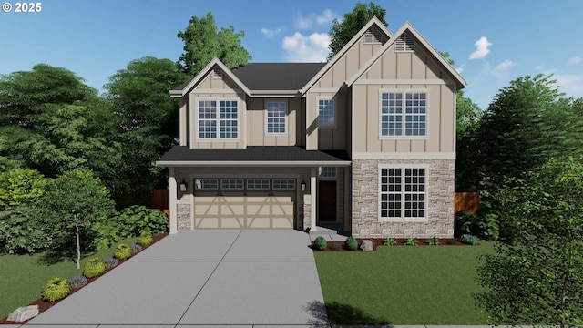 view of front facade featuring stone siding, board and batten siding, an attached garage, and driveway