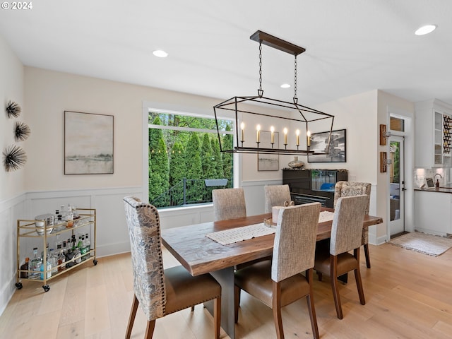 9010 SW Inez St, Tigard, OR 97224 - dining area with a wainscoted wall, light wood-style flooring, recessed lighting, and a chandelier