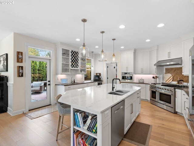 9010 SW Inez St, Tigard, OR 97224 - kitchen with a sink, stainless steel appliances, under cabinet range hood, light wood finished floors, and tasteful backsplash