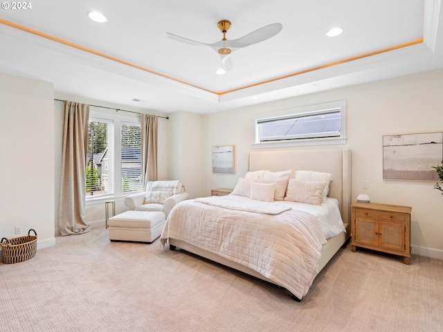 9010 SW Inez St, Tigard, OR 97224 - bedroom featuring a tray ceiling, light colored carpet, baseboards, recessed lighting, and ceiling fan