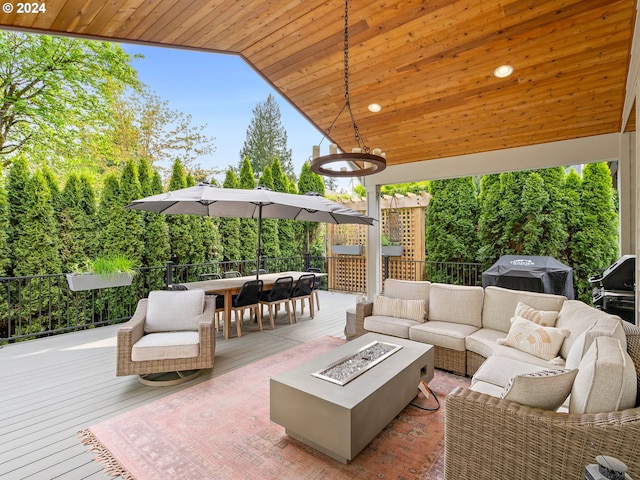 9010 SW Inez St, Tigard, OR 97224 - view of patio / terrace featuring an outdoor living space with a fire pit, a deck, outdoor dining space, and grilling area